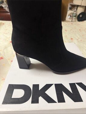 DKNY Black Suede Block-Heel Ankle Boot